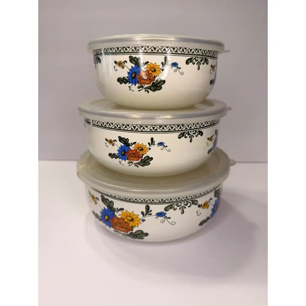 Vintage Floral Enamelware Nesting Bowls Set of 3 With Lids
